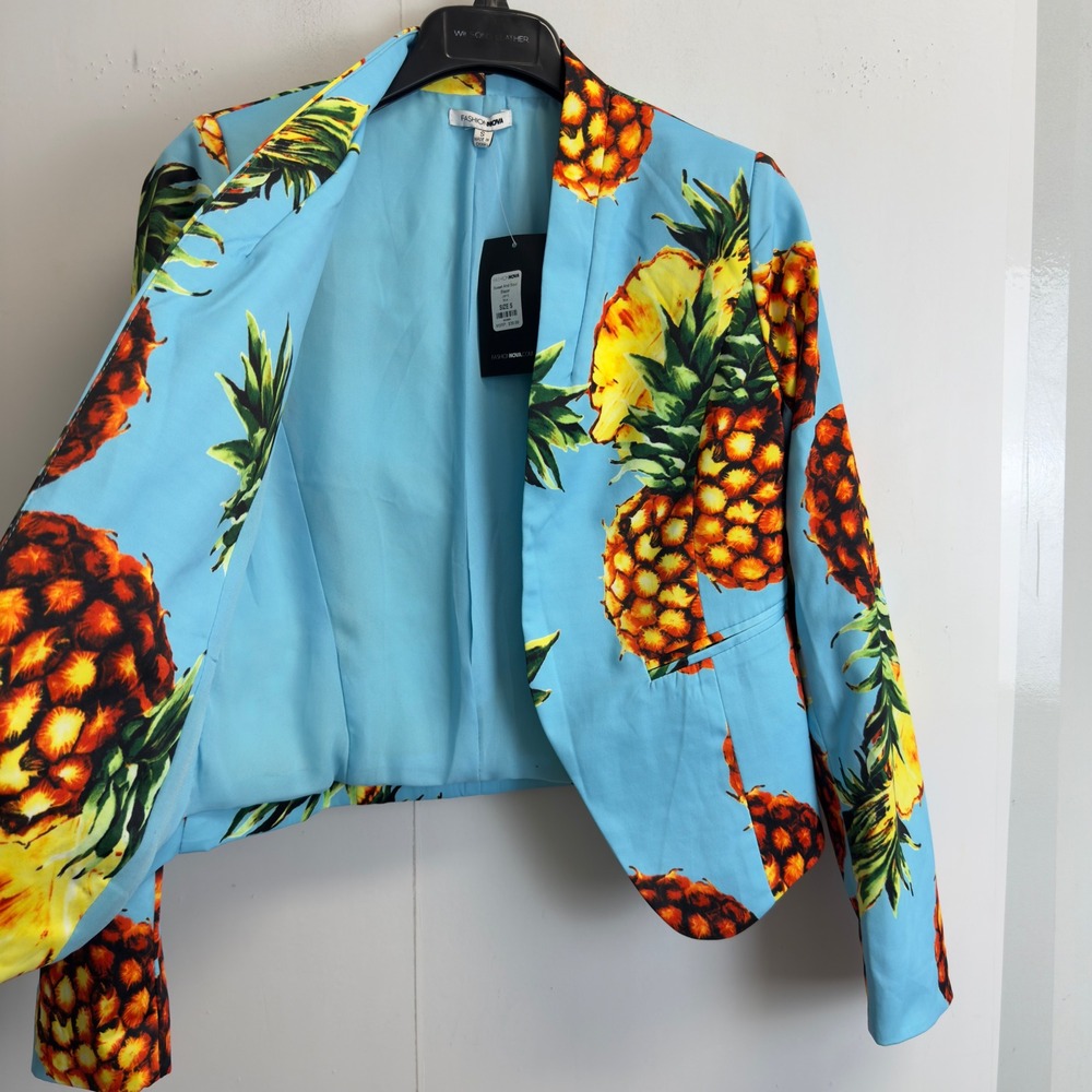 Fashion Nova Sweet And Sour Blazer Blue‎ Pineapple Tropical Print Jacket Size S - Picture 8 of 9